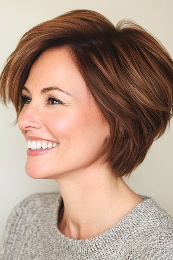 Pixie Bob Hairstyle on a smiling woman with brown hair, side view.