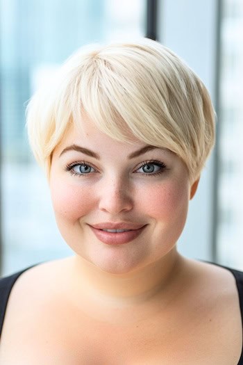 Rounded Pixie Hairstyle on a softly smiling woman with short blonde hair.