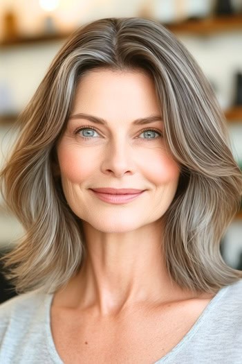 Salt And Pepper Layers With Middle Part Hairstyle on a softly smiling woman with brown hair and highlights.