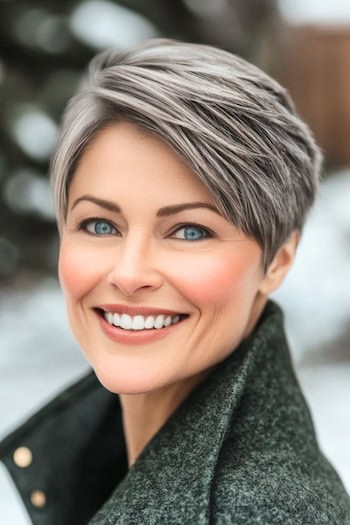 Salt And Pepper Side-Swept Pixie Hairstyle on a smiling woman with short salt and pepper hair.