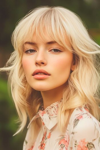 Shaggy Blonde Layers With Wispy Bangs Hairstyle on a young woman with blonde hair.