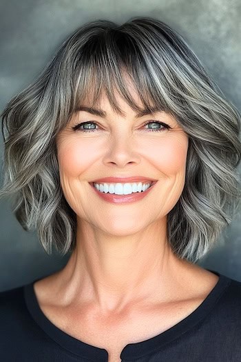 Shaggy Layered Bob with Bangs Haircut on a smiling woman with salt and pepper hair.