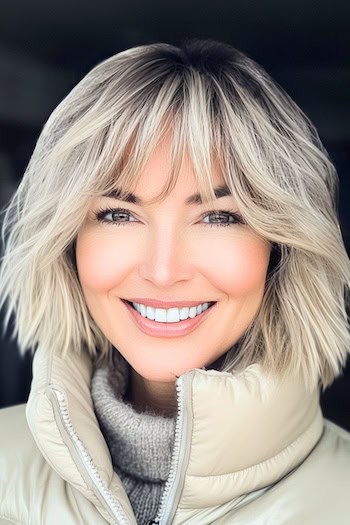 Shaggy Layered Bob with Bangs Hairstyle on a smiling woman with light blonde hair and dark roots.