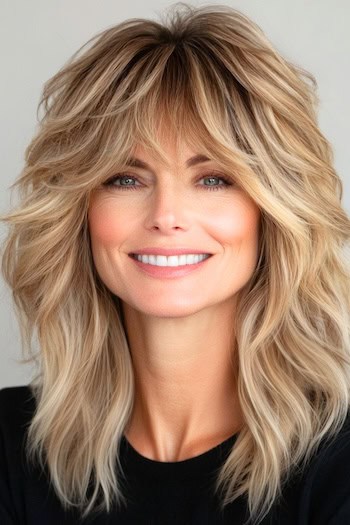 Shaggy Layers with Bangs Haircut on a smiling woman with blonde hair.