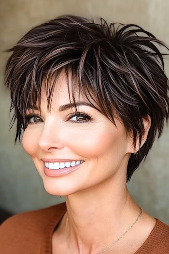 Shaggy Pixie Haircut on a smiling woman with short highlighted brown hair.