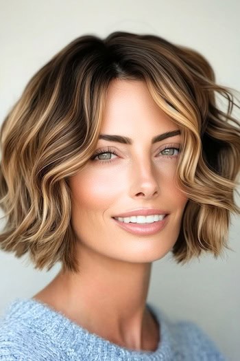 Short Chestnut Waves With Honey Highlights Hairstyle on a smiling woman with short highlighted wavy brown hair.