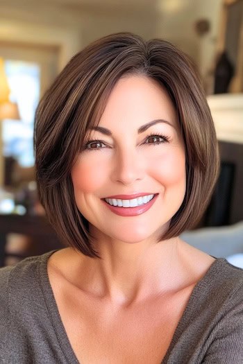 Short Chocolate Brown Bob Hairstyle on a smiling woman with short brown hair.