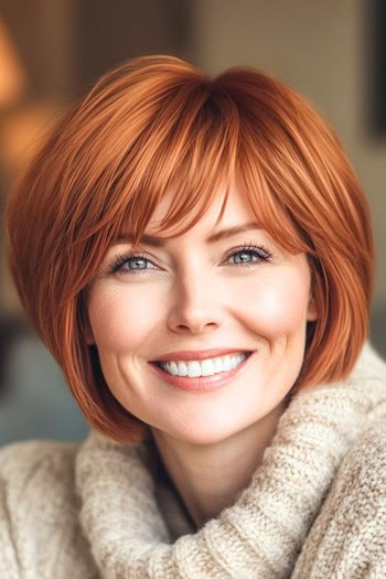 Short Copper Layers with Bangs Hairstyle on a smiling woman with short copper hair.