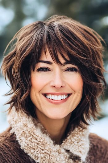 Short Dark Brown With Caramel Highlights Shaggy Layers Hairstyle on a smiling woman with short brown hair.