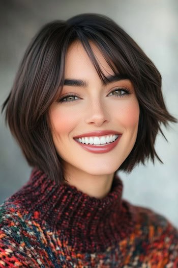 Short Layered Bob Hairstyle on a smiling woman with brown hair.