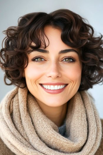 Short Layered Curls Hairstyle on a smiling woman with brown hair.