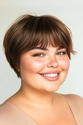 Short Rounded Layers With Bangs Hairstyle on a smiling woman with short brown hair.