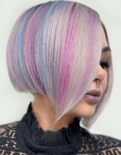 Short Silver Bob with Rainbow Color Lowlights