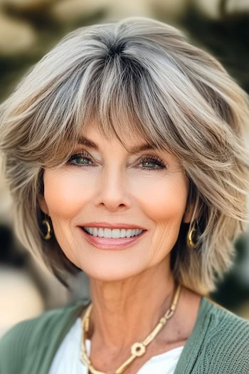 Short Textured Layers with Bangs Hairstyle on a smiling older woman with highlighted bronde hair.