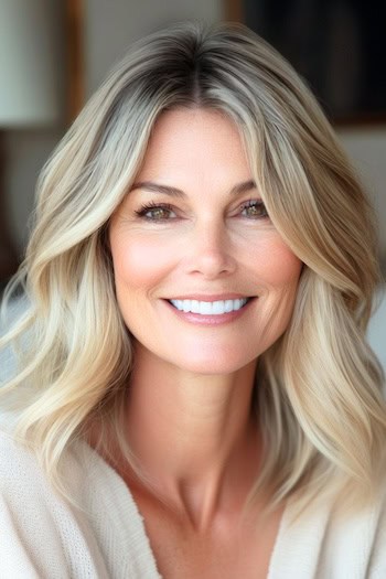 Shoulder-Length Layers With Loose Curls Haircut on a smiling woman with blonde hair and dark roots.