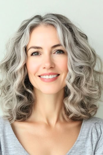 Shoulder-Length Silver Curls Hairstyle on a smiling woman with gray hair.