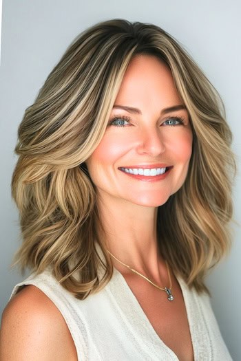 Shoulder-Length Thick Highlighted Layers Haircut on a smiling woman with brown hair and blonde highlights.