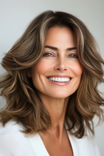 Shoulder-Length Wavy Layers Haircut on a smiling woman with brown hair.