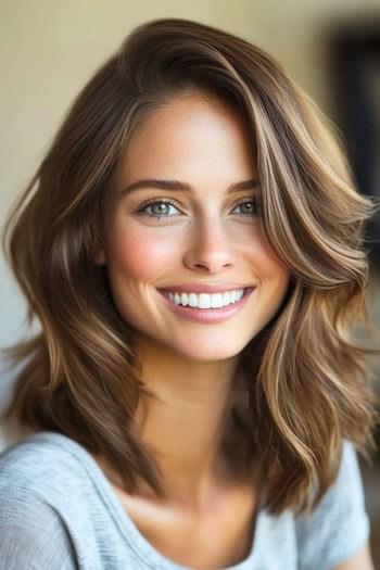 Side-Parted Layers Haircut on a smiling young woman with brown hair.