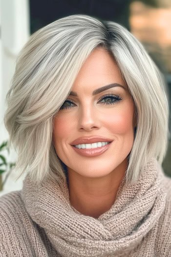 Side-Swept Ash Blonde Bob Hairstyle on a smiling woman with short ash blonde hair.