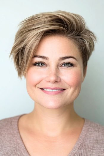 Side-Swept Asymmetrical Pixie Hairstyle on a smiling woman with short light brown hair.