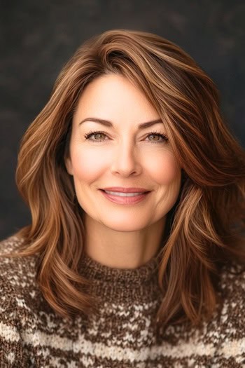 Side-Swept Highlighted Layers Hairstyle on a smiling woman with brown hair.