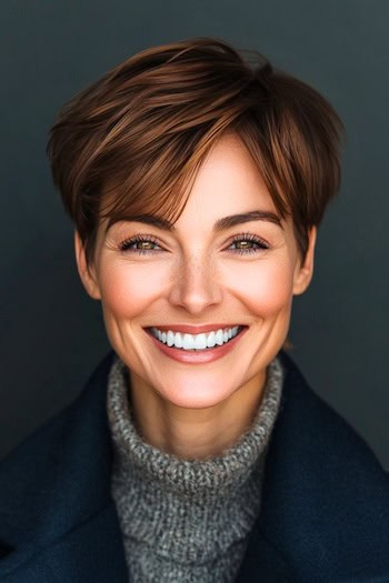 Side-Swept Pixie Hairstyle on a smiling woman with brown hair.