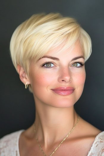 Side-Swept Pixie Hairstyle on a smiling woman with short light golden blonde hair.