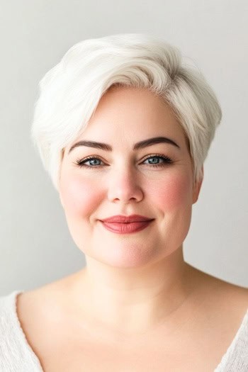 Side-Swept Pixie Hairstyle on a woman with short white hair.