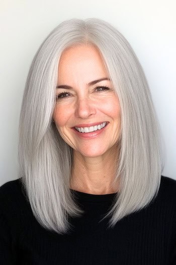 Silver Lob Haircut on a smiling woman with straight gray hair.