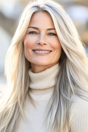 Silvery Blonde Long Layers Hairstyle on a smiling woman with gray-blonde, long hair wearing a cream turtleneck in the outdoors.