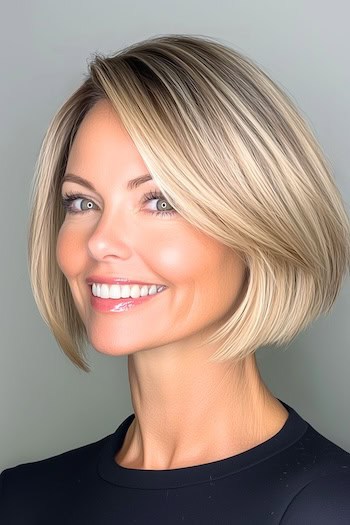 Sleek Blonde Bob Hairstyle on a smiling woman with blonde hair.