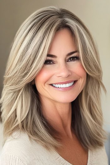 Sleek Layers For Thick Hair Haircut on a smiling woman with blonde hair.