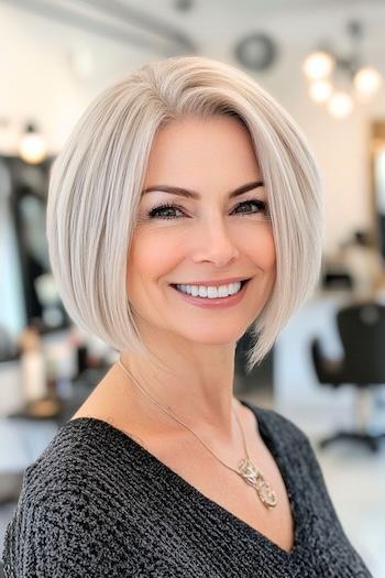 Sleek Light Ash Blonde Bob Hairstyle on a smiling woman with short ash blonde hair.