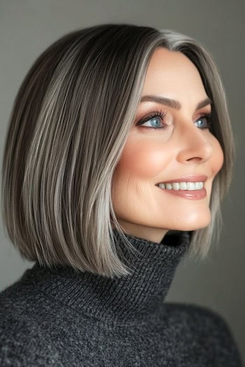 Sleek Metallic Gray Bob Hairstyle on a smiling woman with straight medium-dark gray hair.