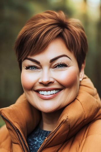 Sleek Pixie With Side-Swept Bangs Hairstyle on a smiling woman with short brown hair.