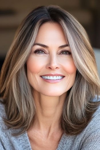 Sleek Straight Layers Haircut on a smiling woman with brown hair and blonde highlights.