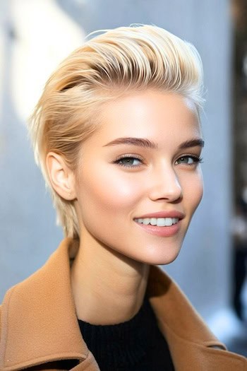 Slicked-Back Pixie Hairstyle on a smiling woman with blonde hair.