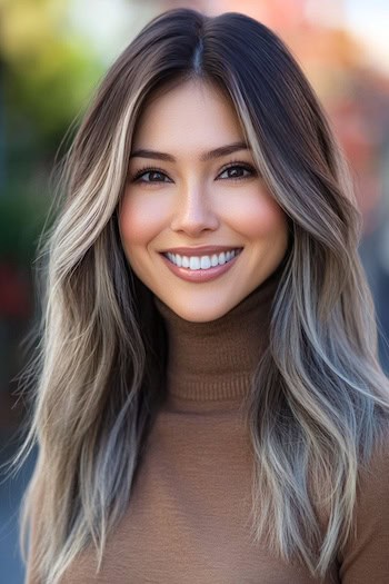 Smoky Ash-Brown Waves with Face-Framing Highlights Hairstyle on a smiling woman with brown hair and ash blonde highlights wearing a brown turtleneck.