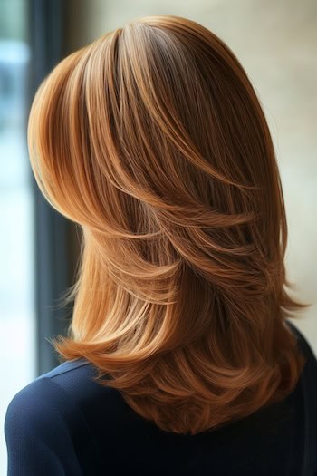 Smooth Feathered Layers Haircut on a woman with brown hair, back side view.