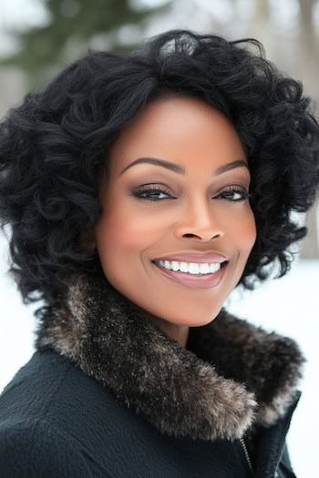 Soft Black Layered Curls Hairstyle on a smiling woman with short soft black hair.