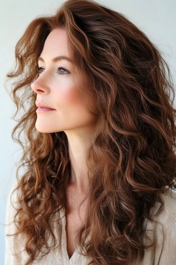 Soft Layered Curls Hairstyle on a woman with long curly brown hair, side view.