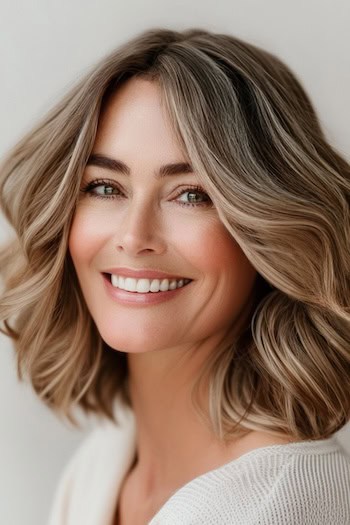 Soft Layered Waves Haircut on a smiling woman with highlighted brown hair.