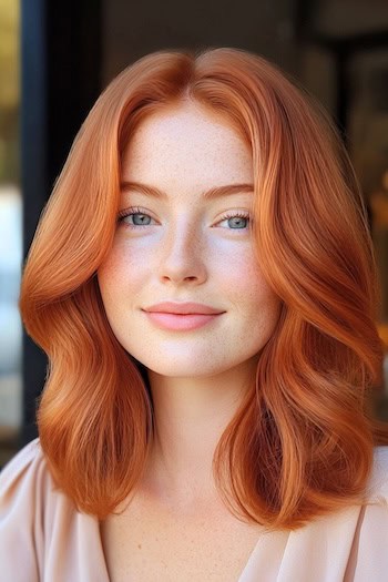 Soft Layered Waves Hairstyle on a young woman with copper red hair.