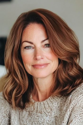 Soft Layers For Medium-Length Hair Hairstyle on an older woman with auburn brown hair.