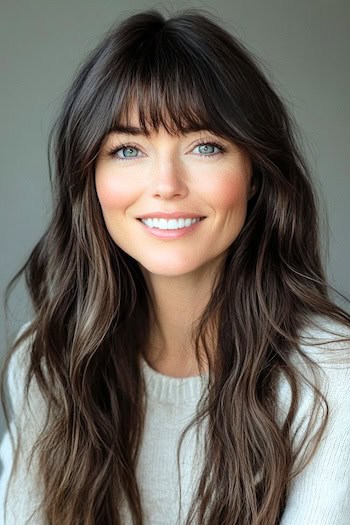 Soft Long Waves With Full Fringe Hairstyle on a smiling woman with long dark brown hair.