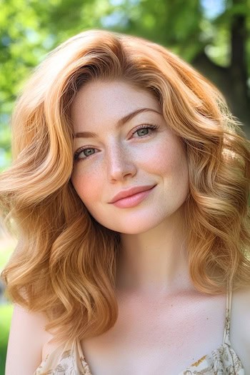 Soft Wavy Layers Hairstyle on a smiling woman with honey blonde hair.