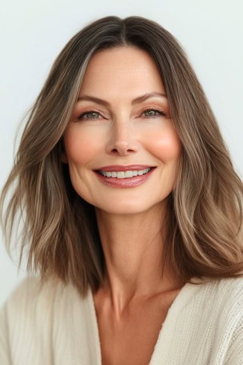 Soft Wispy Layers Haircut on a smiling woman with brown hair.