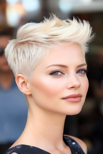 Spiky Textured Pixie with Cropped Sides Haircut on a young woman with short blonde hair.