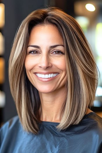 Straight Lob With Blended Highlights And Layers Hairstyle on a smiling woman with highlighted brown hair.